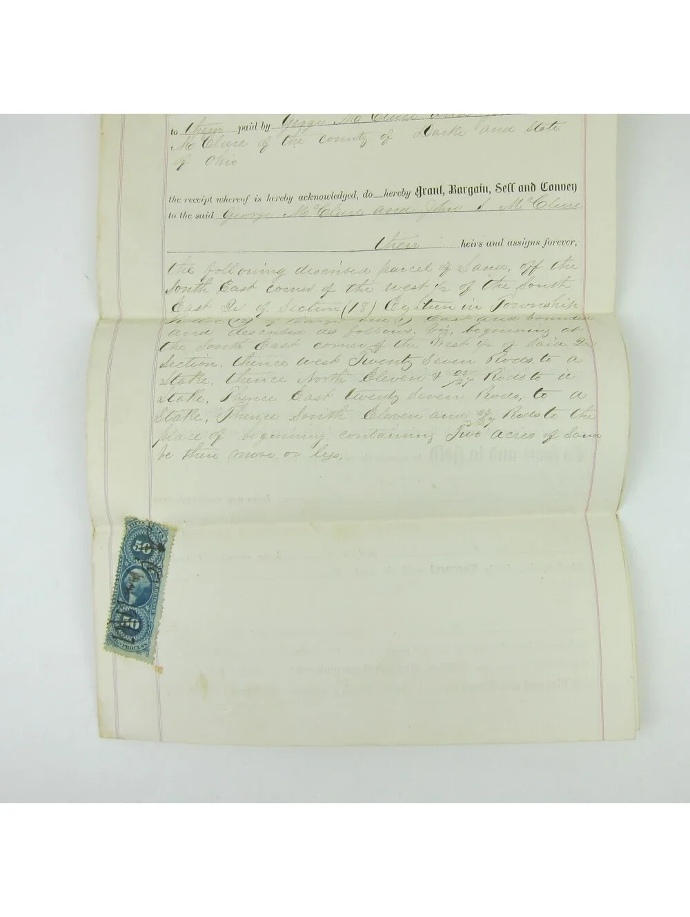 US Revenue Stamp 50 cent Scott R60 on Darke County Ohio Deed Ohler McClure 1867